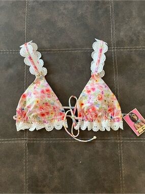 Strawberry Milk Mob Floral Lace Triangle Bralette - Pink Multi